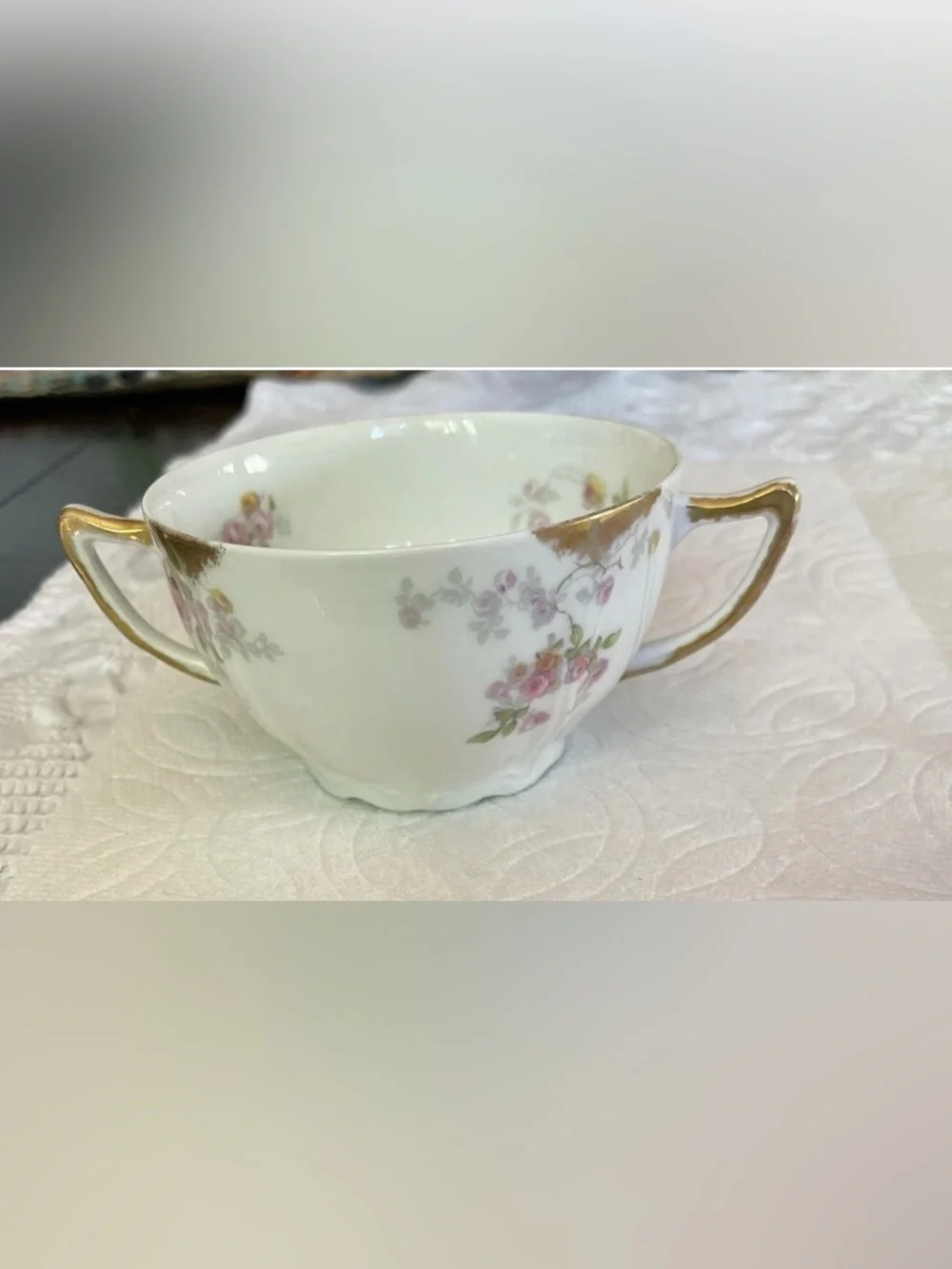 Antique Limoges France floral rose double handled bouillon/soup cup